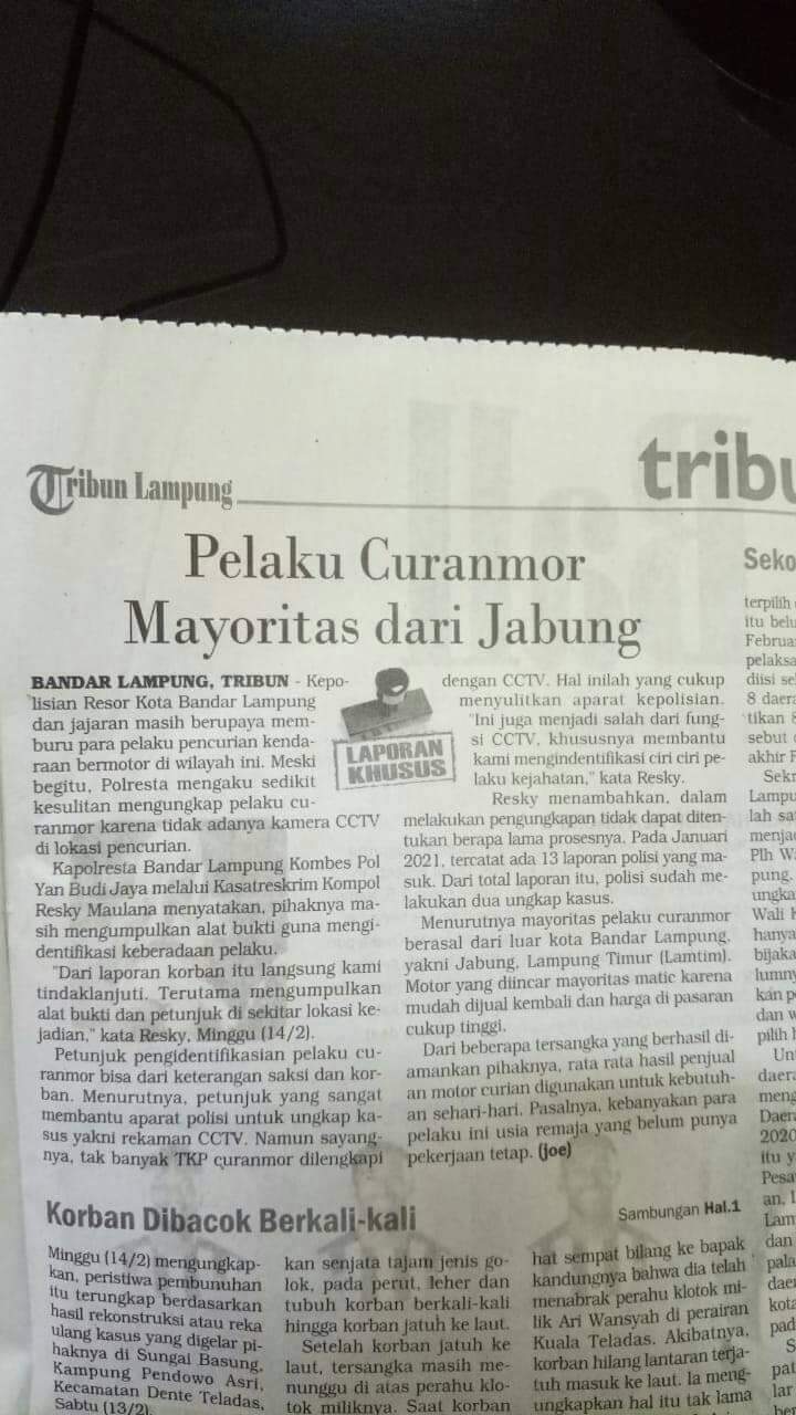 Koran tribun Lampung tentang Pelaku Curanmor Mayoritas Dari Jabung